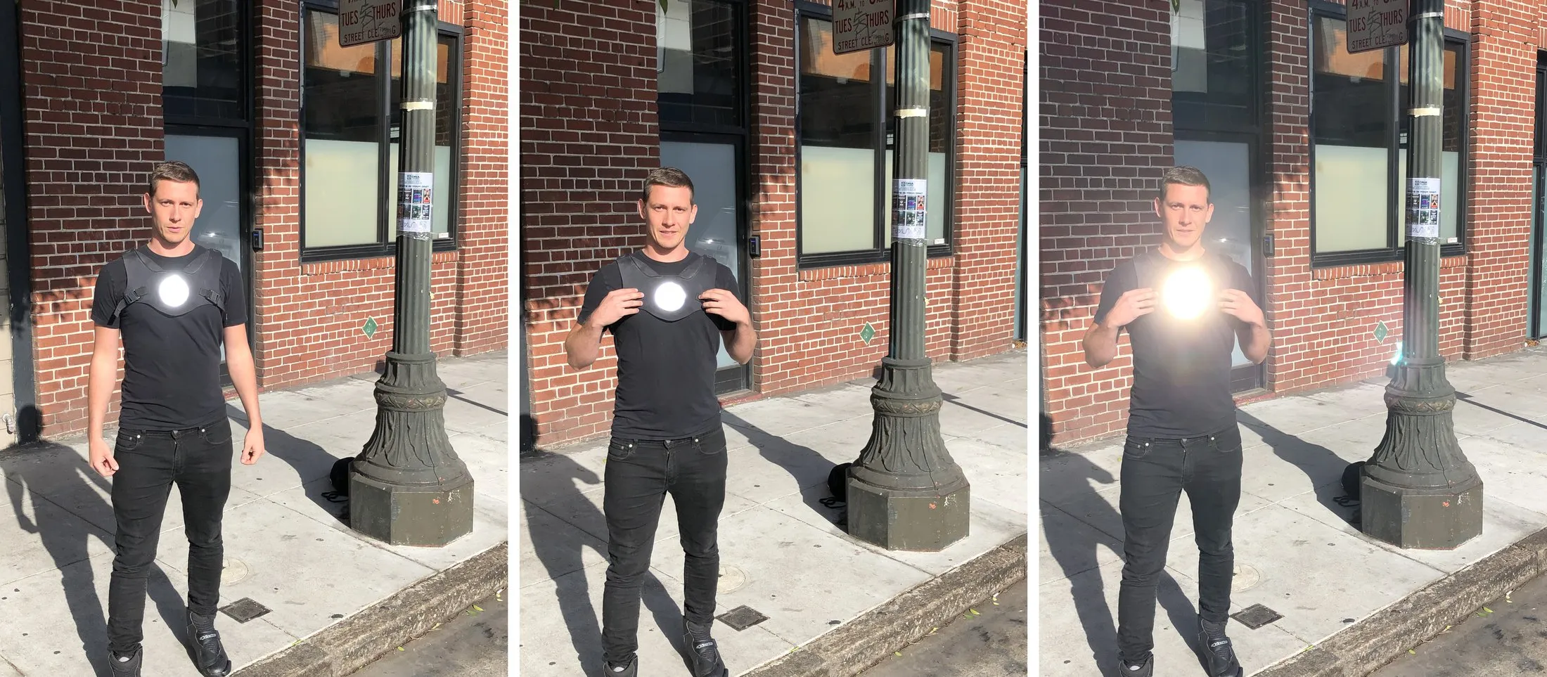 Three frames of the author on a sidewalk in a black T-shirt and chest harness: the disc dark, the disc glowing softly, and the disc burning so bright it flares the lens