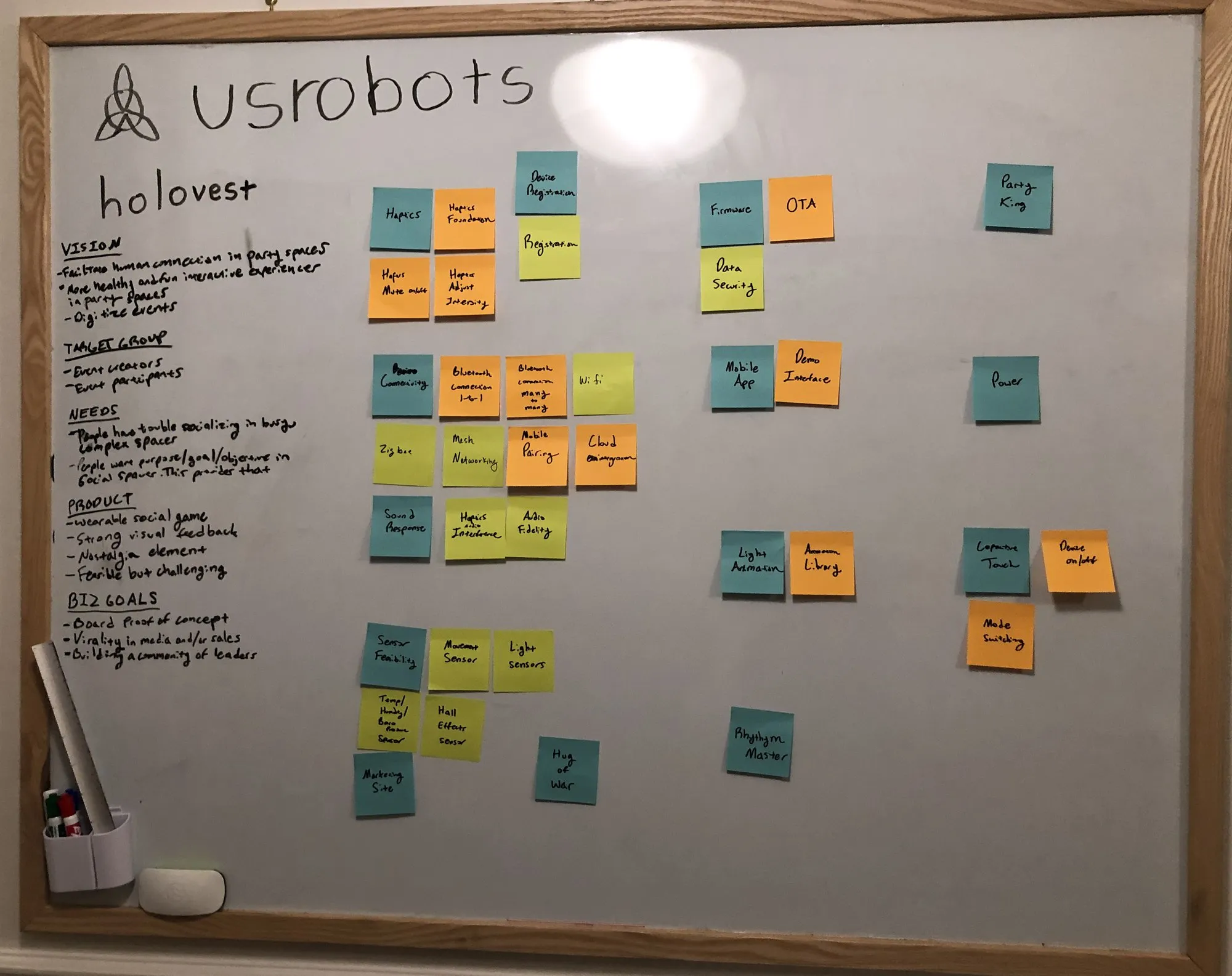 Whiteboard headed usrobots and holovest, with handwritten vision, target group, needs, product and business goals on the left and a grid of sticky notes for features on the right