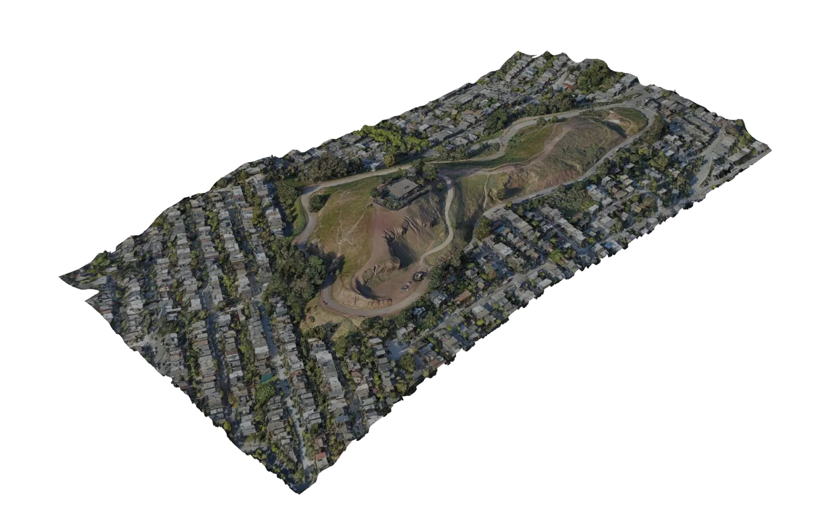 Textured photogrammetry model of Bernal Heights hill and the surrounding grid of houses, viewed from above at an angle