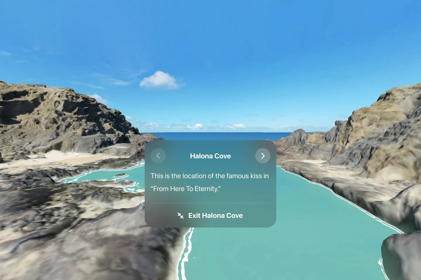 Design mockup of a fully immersive view of a scanned rocky cove with a floating glass panel naming the place and a one-line caption